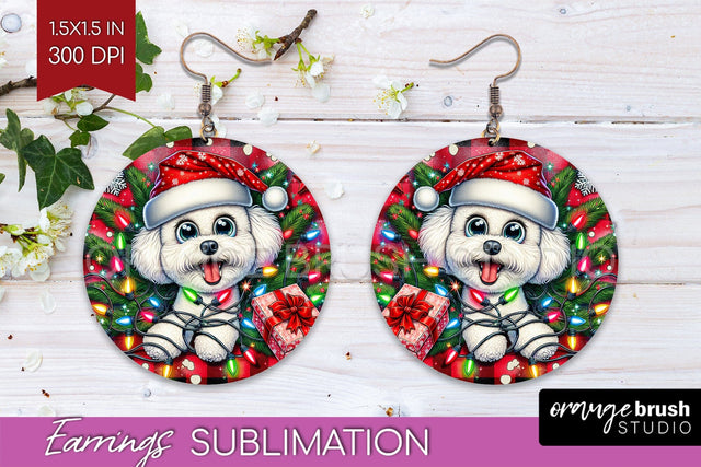 Bichon Frise Funny Christmas Dog Round Earrings Sublimation OrangeBrushStudio 
