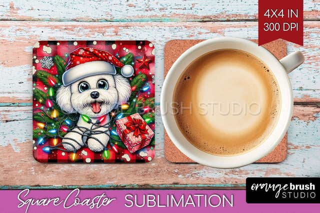 Bichon Frise Funny Christmas Dog Square Coaster Sublimation OrangeBrushStudio 