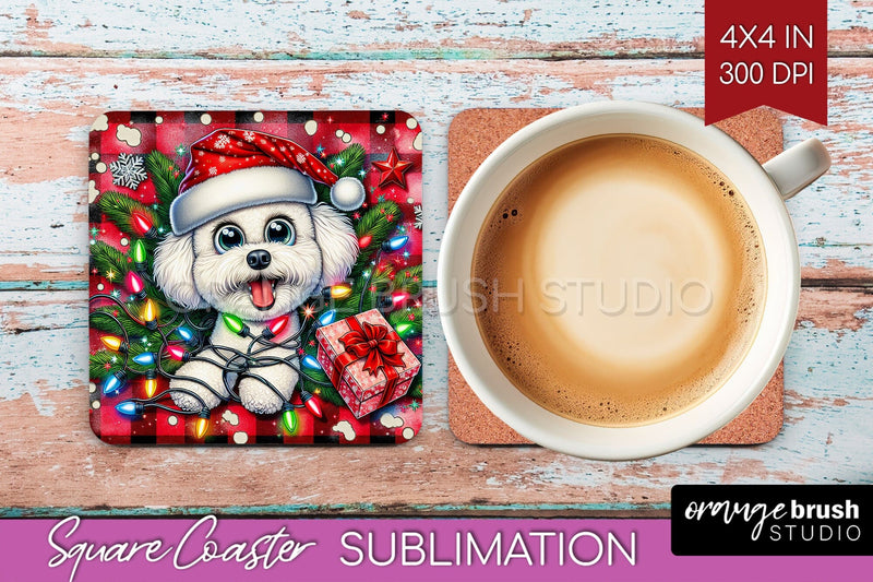 Bichon Frise Funny Christmas Dog Square Coaster Sublimation OrangeBrushStudio 