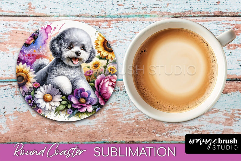 Bichon Frise Round Coaster - Dog Mom Floral Coaster Sublimation Sublimation OrangeBrushStudio 
