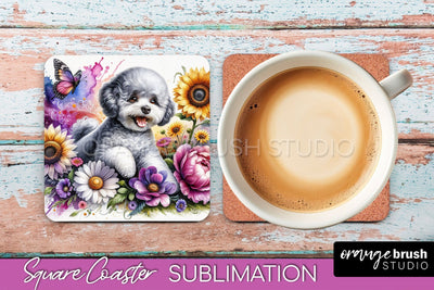 Bichon Frise Square Coaster - Dog Mom Floral Coaster Sublimation Sublimation OrangeBrushStudio 