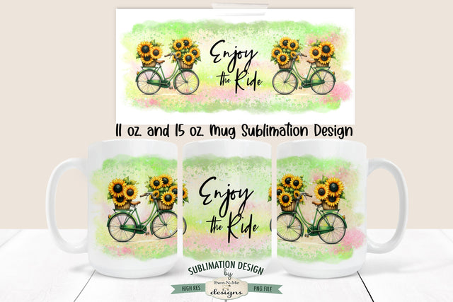 Bicycle Sunflower Mug Design - 11 oz. & 15 oz. Mug Sublimation Wrap Sublimation Ewe-N-Me Designs 
