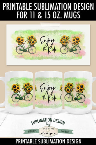 Bicycle Sunflower Mug Design - 11 oz. & 15 oz. Mug Sublimation Wrap Sublimation Ewe-N-Me Designs 