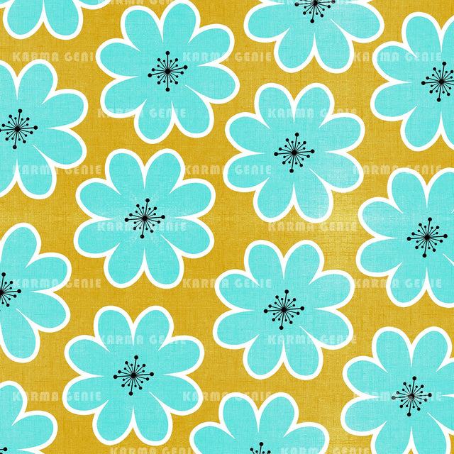 Big Blue And Yellow Daisy Flowers Fabric Textured Pattern Digital Paper Digital Pattern Karma Genie Graphics 