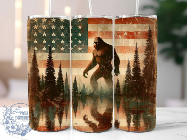 Bigfoot American Flag Patriotic Cryptid Tumbler, American Flag Tumbler, Sasquatch Sublimation, Patriotic Tumbler, 20oz Tumbler Design, USA Tumbler Wrap, Cryptid Tumbler Art Sublimation ToriDesigns 