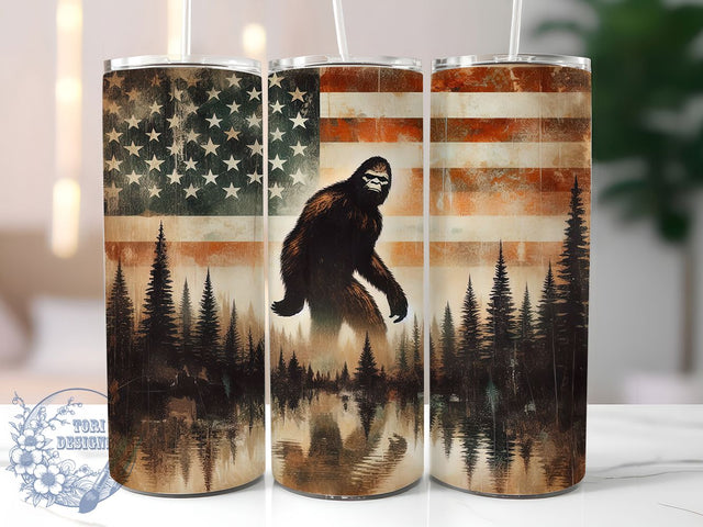Bigfoot American Flag Patriotic Cryptid Tumbler, American Flag Tumbler, Sasquatch Sublimation, Patriotic Tumbler, 20oz Tumbler Design, USA Tumbler Wrap, Cryptid Tumbler Art Sublimation ToriDesigns 