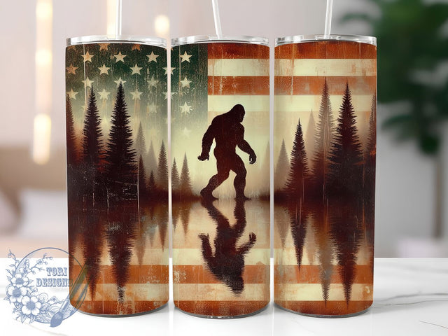 Bigfoot American Flag Patriotic Cryptid Tumbler, American Flag Tumbler, Sasquatch Sublimation, Patriotic Tumbler, 20oz Tumbler Design, USA Tumbler Wrap, Cryptid Tumbler Art Sublimation ToriDesigns 