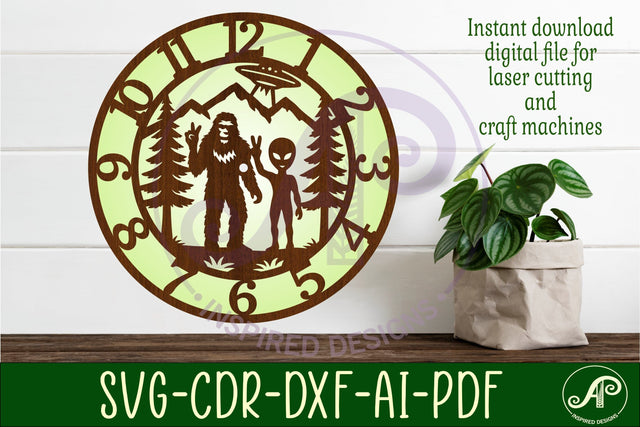 Bigfoot and Alien forest clock wall clock laser cut files SVG APInspireddesigns 