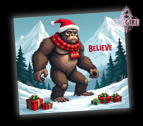 Bigfoot Christmas, Holiday Believe, 20oz Tumbler Wrap, Sublimation PNG, Sasquatch Holiday Gift, Digital Download, Merry Squatchmas Sublimation SvggirlplusArt 