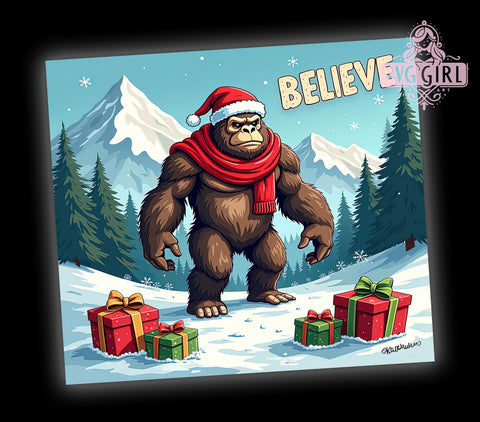 Bigfoot Christmas, Holiday Believe, 20oz Tumbler Wrap, Sublimation PNG, Sasquatch Holiday Gift, Digital Download, Merry Squatchmas Sublimation SvggirlplusArt 