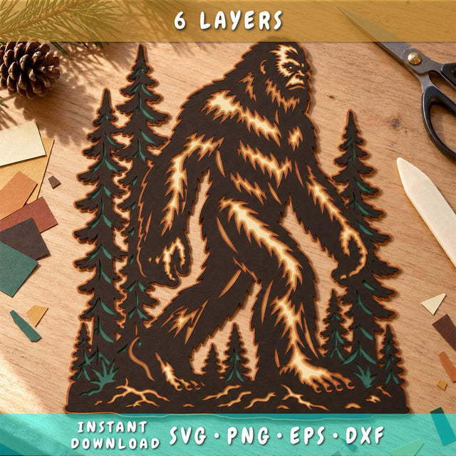 Bigfoot Forest 3D SVG | Sasquatch Laser Cut File | 6 Layer Bigfoot SVG | Woodland Cryptid DXF | Layered Nature Wall Art 3D Paper HappyDesignStudio 