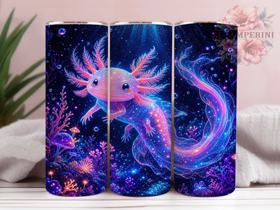 Bioluminescent Axolotl Galaxy 20oz Tumbler, Bioluminescent Glow, Axolotl Motif, Galaxy Theme, Cosmic Accent, Sublimation Wrap, 20oz Tumbler, Mystical Charm Sublimation Li Zamperini 