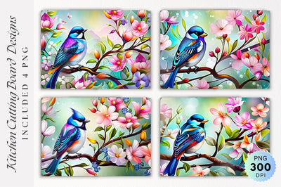 Bird and Flowers Glass Cutting Board PNG Design Sublimation Regulrcrative 