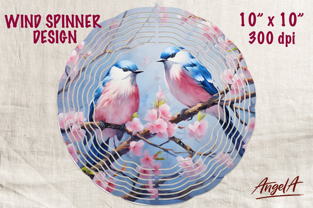 Bird wind spinner, birds on branches, pink flowers Sublimation Angelina Semenova 