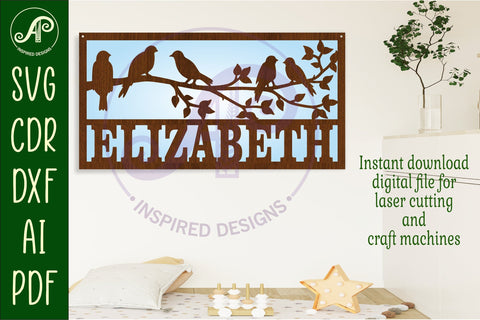 Birds on a branch scene name sign SVG 2layer laser cut SVG APInspireddesigns 