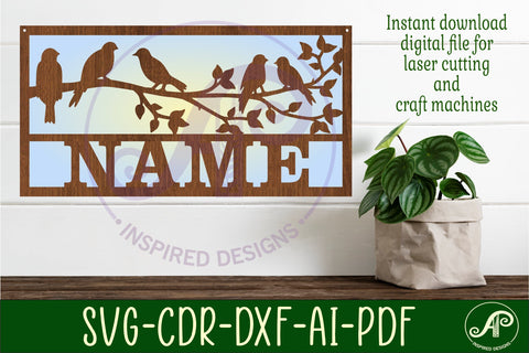 Birds on a branch scene name sign SVG 2layer laser cut SVG APInspireddesigns 