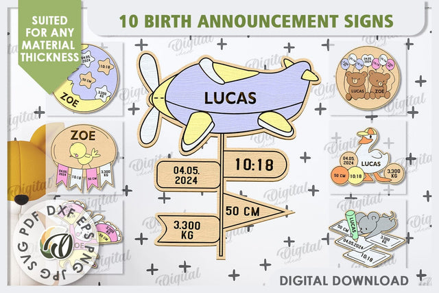 Birth Announcement Signs Laser Cut Bundle. Newborn Signs SVG SVG Evgenyia Guschina 