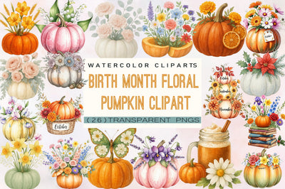 Birth Month Floral Pumpkin Bundle. Sublimation SVGArt 