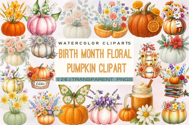 Birth Month Floral Pumpkin Bundle. Sublimation SVGArt 