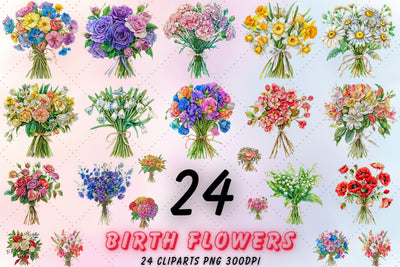 Birth Month Flower Clipart, Birth Flower PNG, Birth Month Flower Bouquet, Mother's Day Gift, Watercolor Birth Month Flowers, Floral Sublimation FloridPrintables 