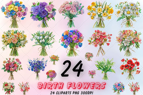 Birth Month Flower Clipart, Birth Flower PNG, Birth Month Flower Bouquet, Mother's Day Gift, Watercolor Birth Month Flowers, Floral Sublimation FloridPrintables 