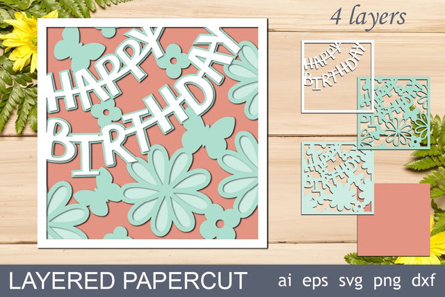 Birthday 3d layered card with flowers and butterfly, Happy Birthday shadow box 3D Paper AnastasiyaArtDesign 