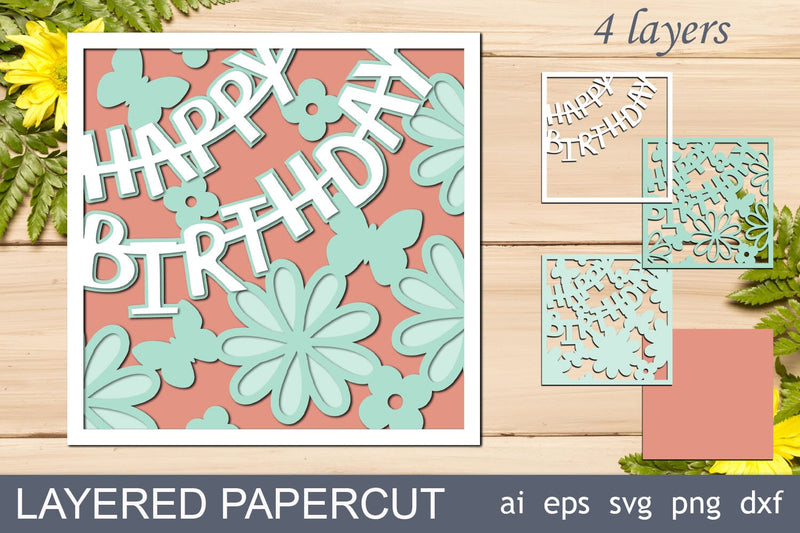 Birthday 3d layered card with flowers and butterfly, Happy Birthday shadow box 3D Paper AnastasiyaArtDesign 