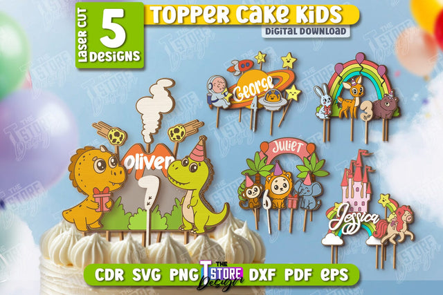 Birthday Cake Toppers Laser Cut Bundle | Cake Decor | Children's Topper Design | Cupcake Topper | CNC Files SVG The T Store Design 