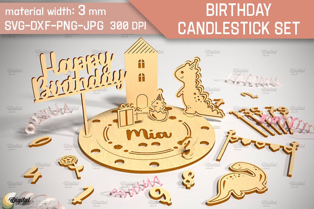 Birthday Candlestick Laser Cut. Happy Birthday. Dino SVG SVG Evgenyia Guschina 