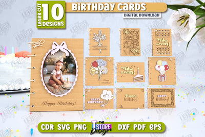 Birthday Cards Laser Cut Bundle | Photo Greeting Cards | Wooden Photo Frame | CNC Files SVG The T Store Design 