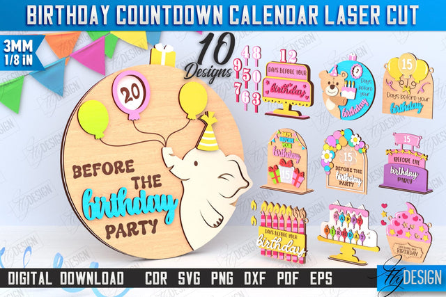 Birthday Countdown Calendar Laser Cut Bundle | Wall Calendar Template | Days Until Birthday | CNC Files SVG Fly Design 