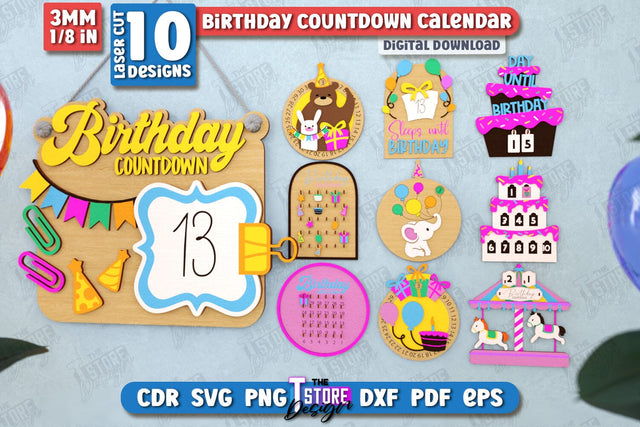 Birthday Countdown Calendar Laser Cut Bundle | Wall Calendar Template | Days Until Birthday | CNC Files SVG The T Store Design 