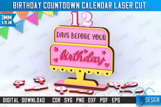 Birthday Countdown Calendar Laser Cut | Wall Calendar Template | Days Until Birthday | CNC File SVG Fly Design 