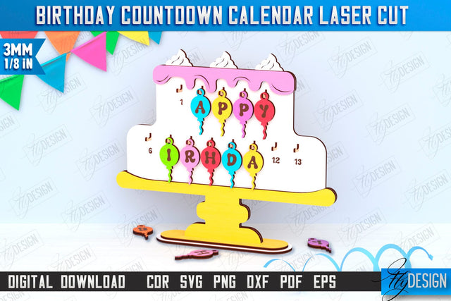 Birthday Countdown Calendar Laser Cut | Wall Calendar Template | Days Until Birthday | CNC File SVG Fly Design 
