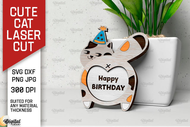 Birthday Cute Cat Laser Cut. Birthday Card SVG Design SVG Evgenyia Guschina 