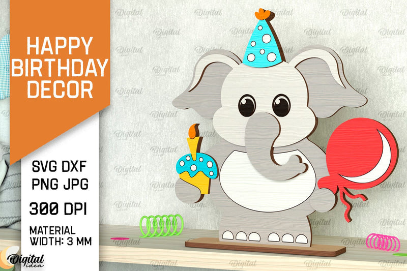 Birthday Elephant SVG Design. Happy Birthday Decor Laser Cut SVG Evgenyia Guschina 