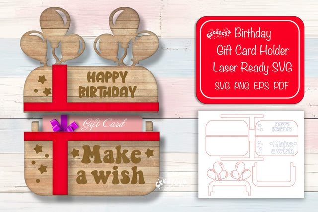 Birthday gift card holder laser Make a wish Gift Card Holder Laser Cut. Card Holder SVG Happy Birthday Layered svg SVG Createya Design 