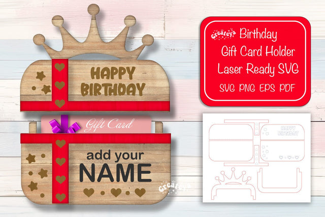 Birthday gift card holder laser Personalized Crown Gift Card Holder Laser Cut Card Holder SVG Happy Birthday Layered svg SVG Createya Design 