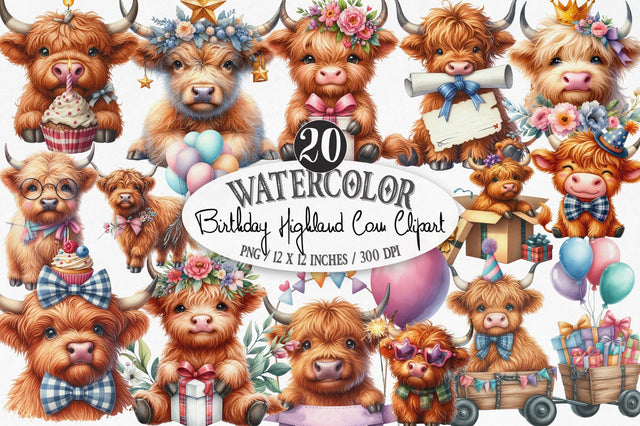 Birthday Highland Cow Clipart Sublimation SVGista 