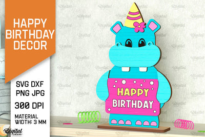Birthday Hippo SVG Design. Happy Birthday Decor Laser Cut SVG Evgenyia Guschina 