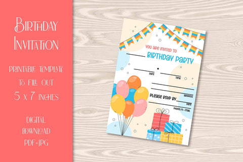 Birthday Invitation Card Printable Template | Kids BDay Party Cute Design | PDF & JPG Digital Download 5 x 7 | Colorful Illustrated Balloons Sublimation AnnaViolet_store 