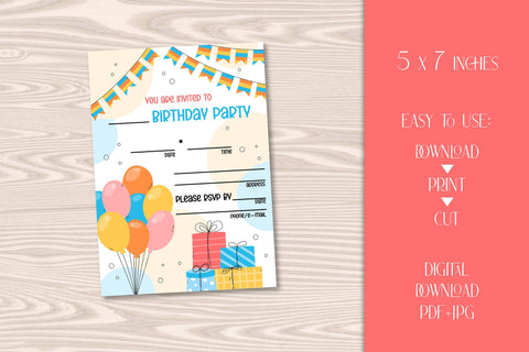 Birthday Invitation Card Printable Template | Kids BDay Party Cute Design | PDF & JPG Digital Download 5 x 7 | Colorful Illustrated Balloons Sublimation AnnaViolet_store 