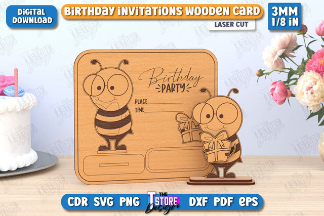 Birthday Invitation Laser Cut | Birthday Party | Bee with Gift | Wooden Invitation Card | CNC File SVG The T Store Design 