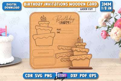 Birthday Invitation Laser Cut | Birthday Party | Birthday Cake | Wooden Invitation Card | CNC File SVG The T Store Design 