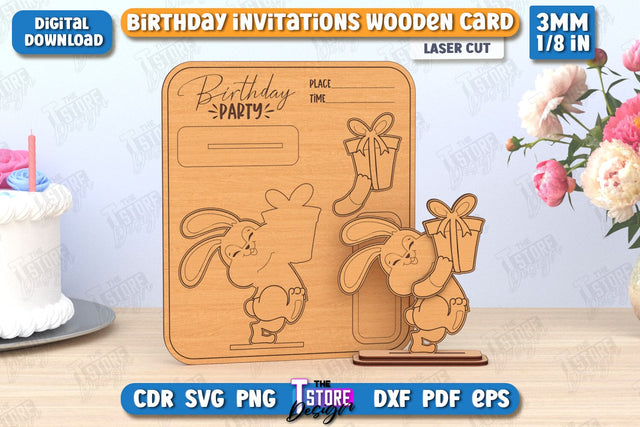 Birthday Invitation Laser Cut | Birthday Party | Bunny | Wooden Invitation Card | CNC File SVG The T Store Design 