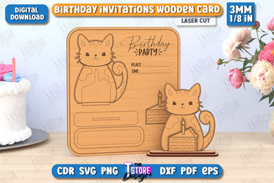 Birthday Invitation Laser Cut | Birthday Party | Cat with Cake | Wooden Invitation Card | CNC File SVG The T Store Design 