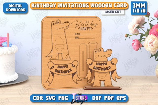 Birthday Invitation Laser Cut | Birthday Party | Crocodile | Wooden Invitation Card | CNC File SVG The T Store Design 