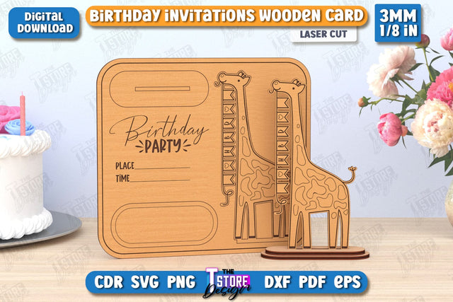 Birthday Invitation Laser Cut | Birthday Party | Giraffe | Wooden Invitation Card | CNC File SVG The T Store Design 