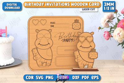 Birthday Invitation Laser Cut | Birthday Party | Hippopotamus | Wooden Invitation Card | CNC File SVG The T Store Design 