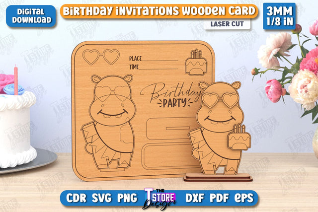 Birthday Invitation Laser Cut | Birthday Party | Hippopotamus | Wooden Invitation Card | CNC File SVG The T Store Design 